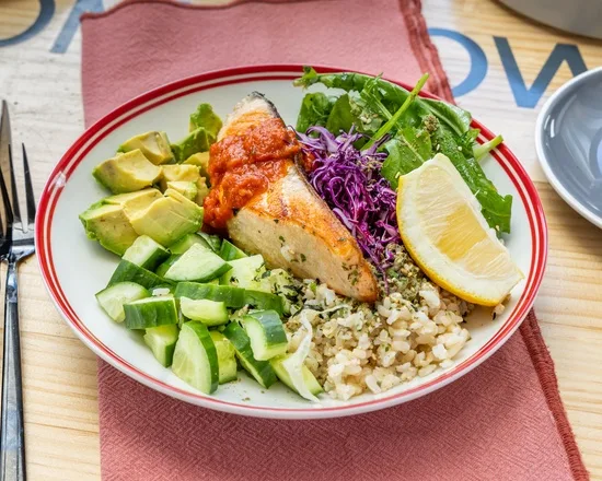 Grilled salmon rice bowl with avocado and wasabi aioli at Zee's Cafe